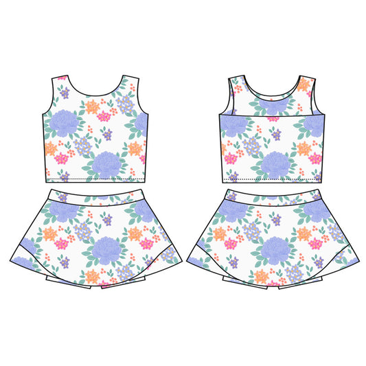 Baby Girls Sleeveless Lavender Flowers Vest Top Short Skirts Yoga Set Preorder
