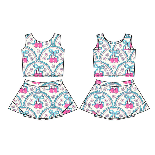 Baby Girls Sleeveless Flowers Bows Cherry Vest Top Short Skirts Yoga Set Preorder