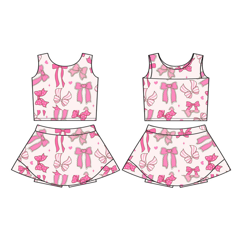 Preorder moq 5 Baby Girls Sleeveless Pink Bows Hearts Vest Top Short Skirts Set