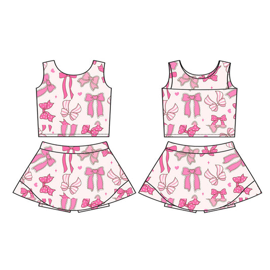 Preorder moq 5 Baby Girls Sleeveless Pink Bows Hearts Vest Top Short Skirts Set