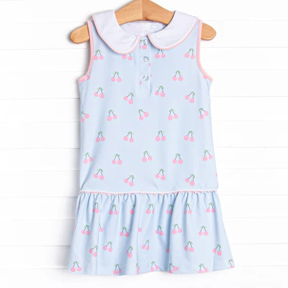 Baby Girls Blue Sleeveless Button Cherry Plaid Knee Length Dresses Preorder