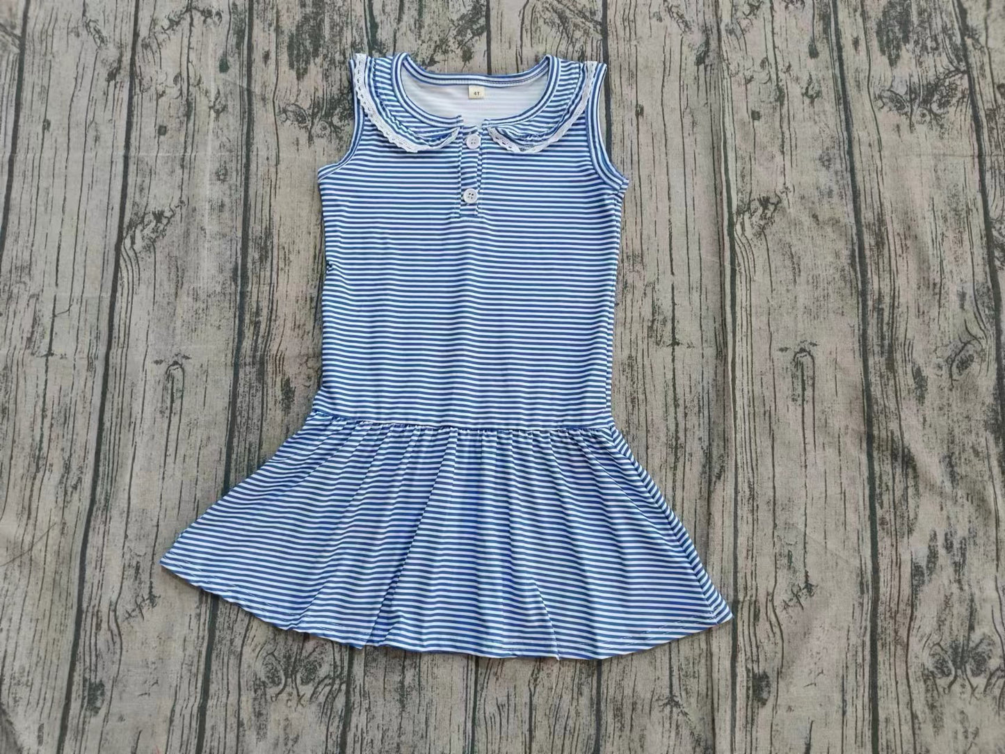 Preorder moq 5 Baby Girls Sleeveless Button Blue Stripes Knee Length Dresses