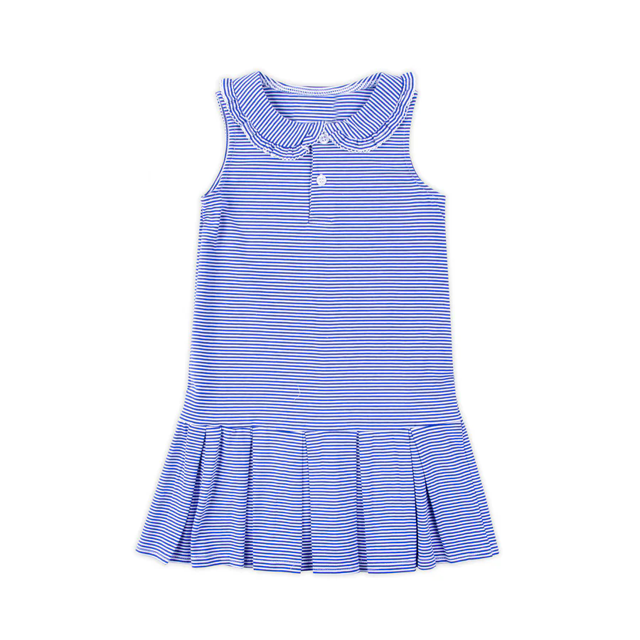 Preorder moq 5 Baby Girls Sleeveless Button Blue Stripes Knee Length Dresses