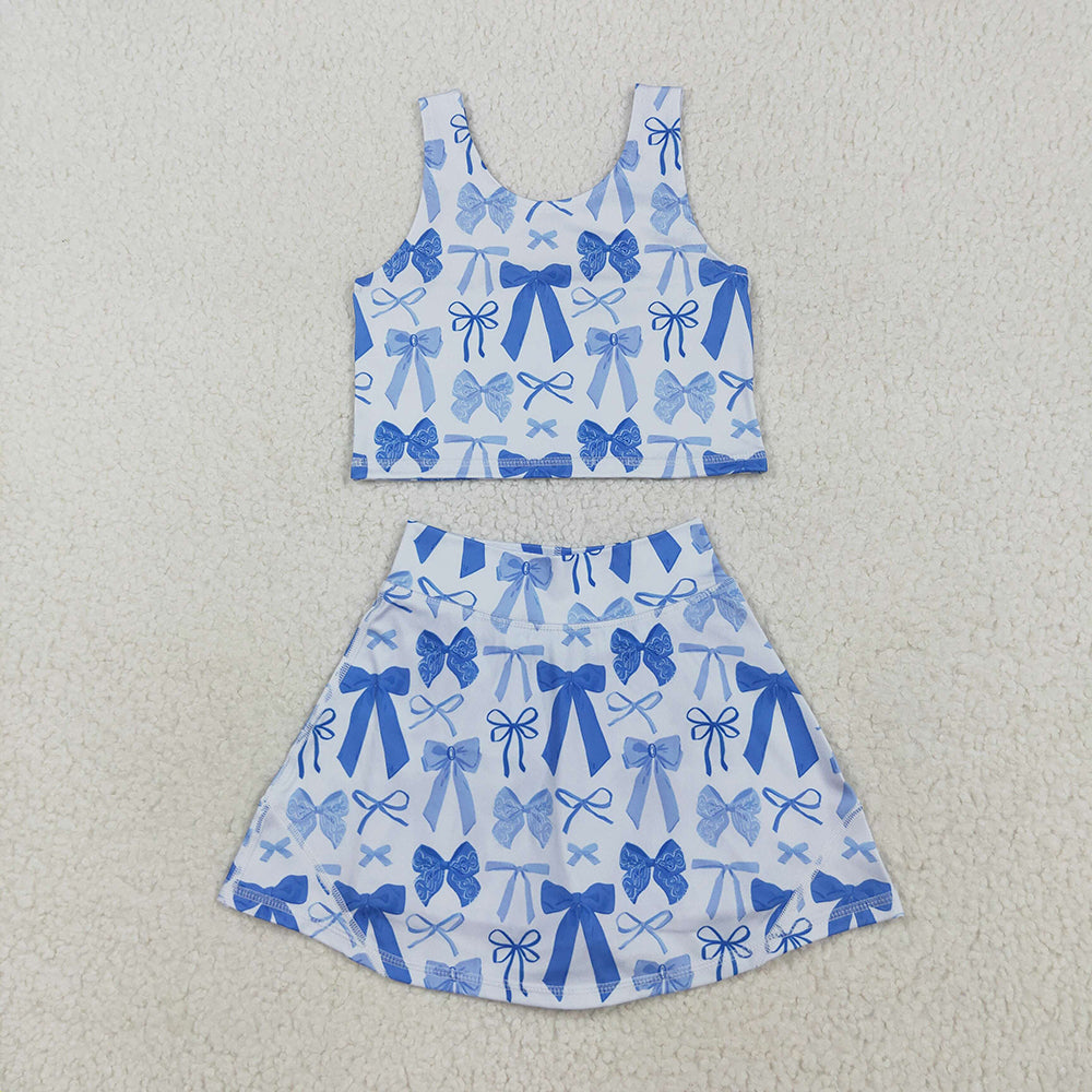 Baby Girls Sleeveless Blue Bows Vest Top Short Skirts Yoga Sets