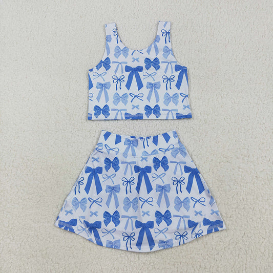 Baby Girls Sleeveless Blue Bows Vest Top Short Skirts Yoga Sets