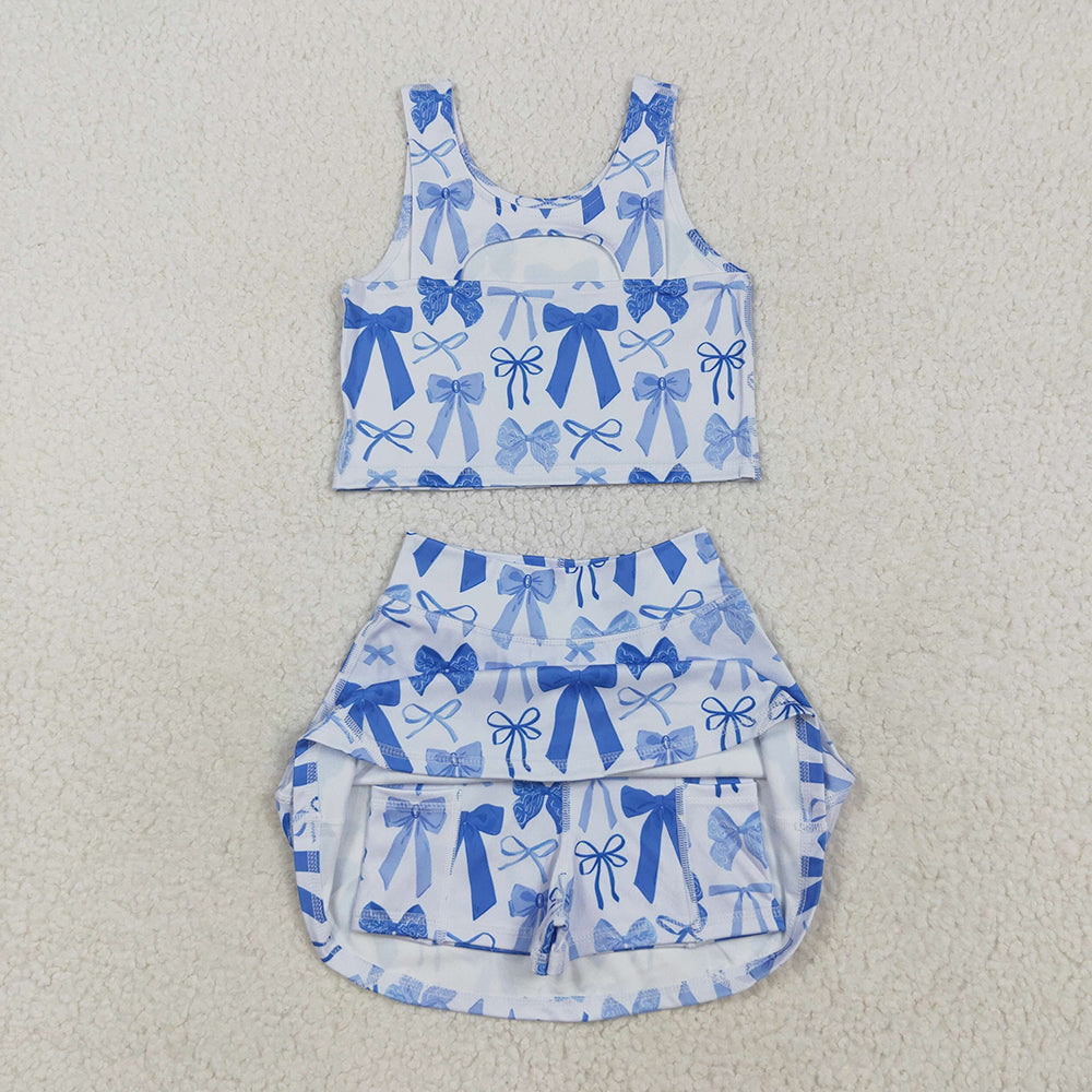 Baby Girls Sleeveless Blue Bows Vest Top Short Skirts Yoga Sets