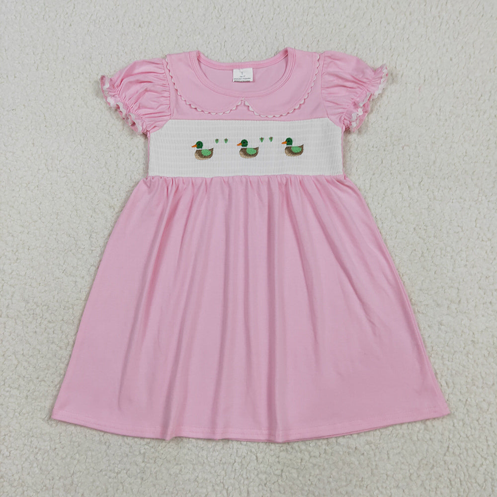 Embroidery Baby Girls Pink Short Ruffle Sleeves Ducks Knee Length Dresses