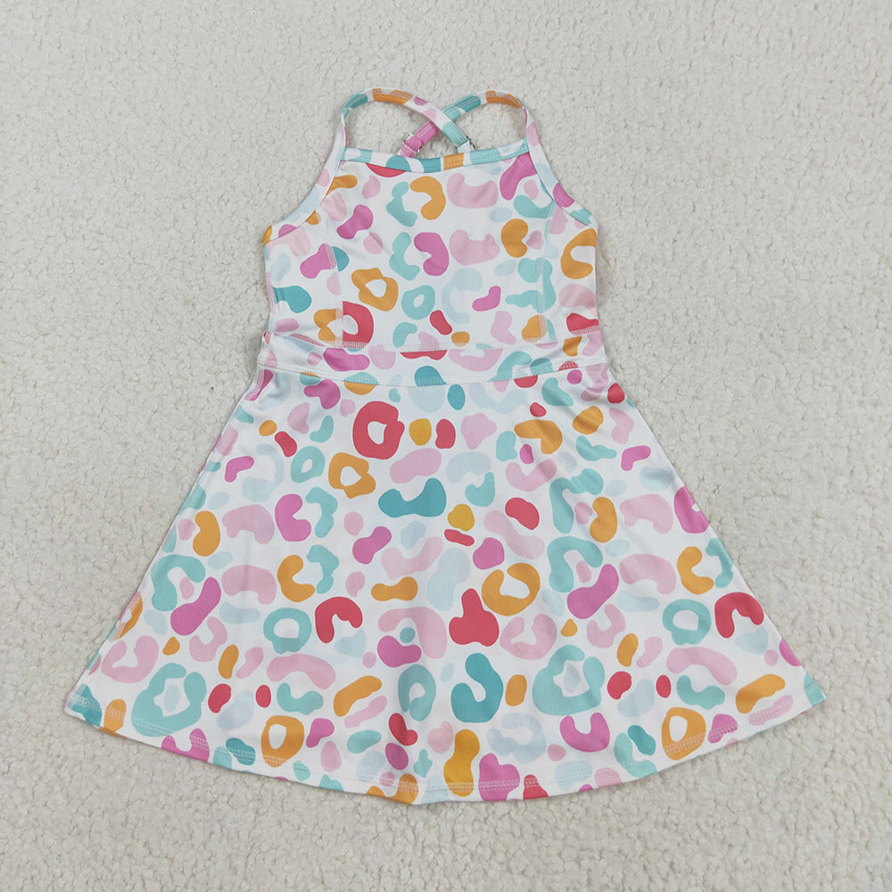 Baby Girls Strap Pink Green Leopard Shorts Knee Length Dresses