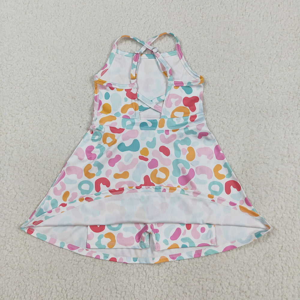 Baby Girls Strap Pink Green Leopard Shorts Knee Length Dresses
