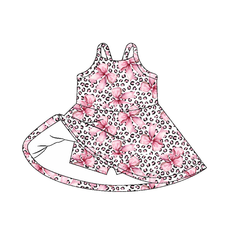 Baby Girls Strap Pink Bows Leopard Shorts Knee Length Dresses Preorder