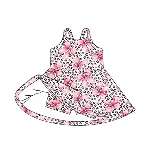 Baby Girls Strap Pink Bows Leopard Shorts Knee Length Dresses Preorder