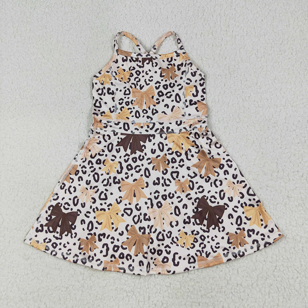 Baby Girls Strap Brown Bows Leopard Shorts Knee Length Dresses
