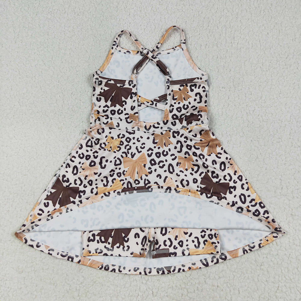 Baby Girls Strap Brown Bows Leopard Shorts Knee Length Dresses