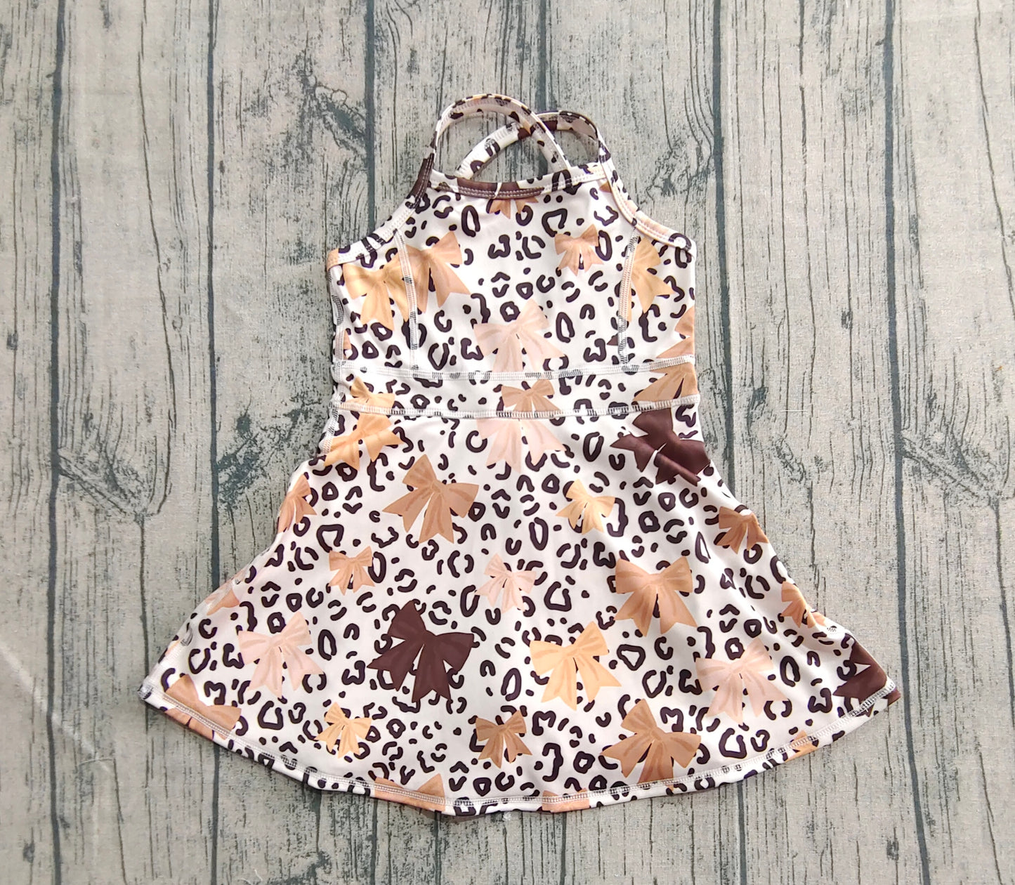 Baby Girls Strap Brown Bows Leopard Shorts Knee Length Dresses