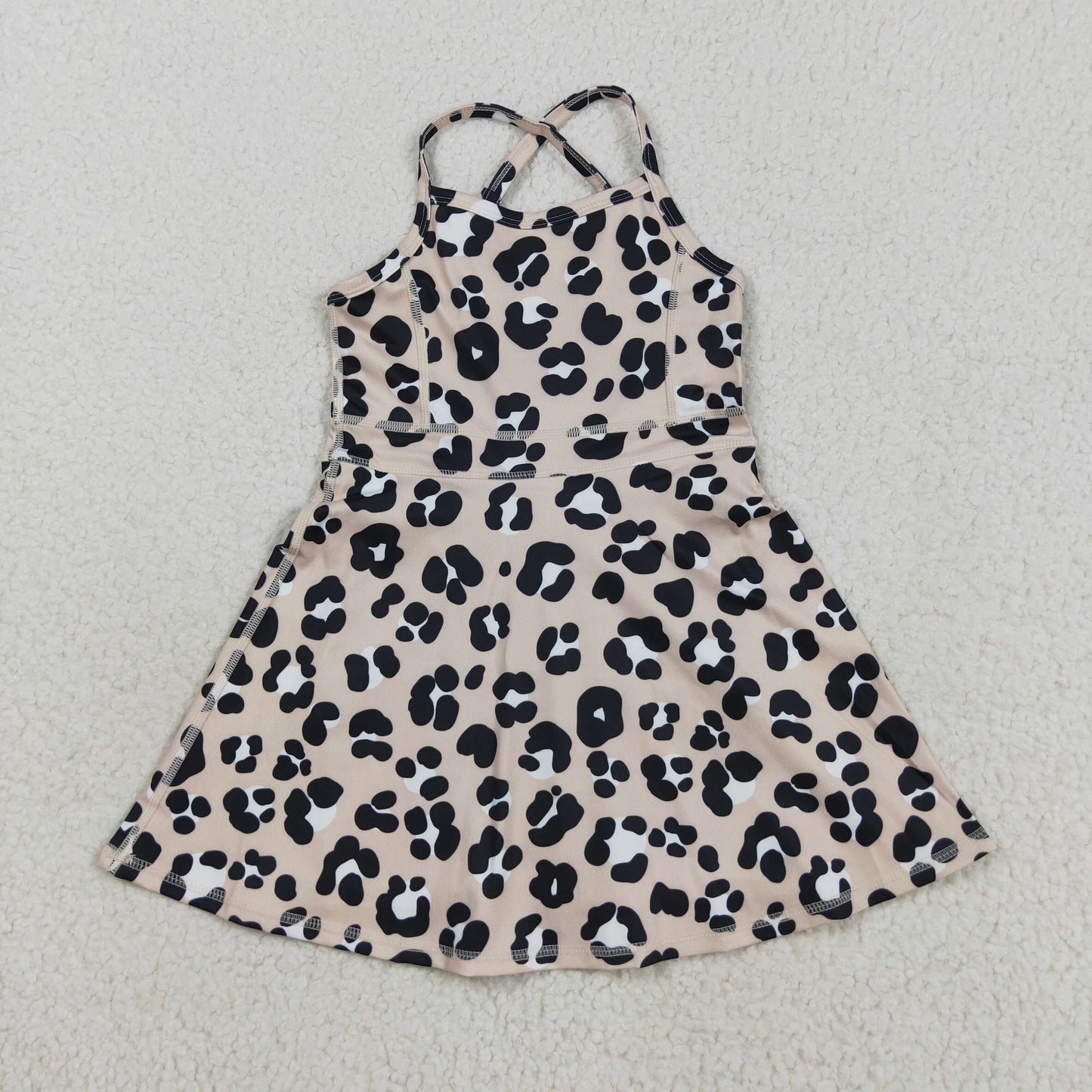 Sibling Baby Girls Brown Leopard Shorts Yoga Active Knee Length Dresses Set