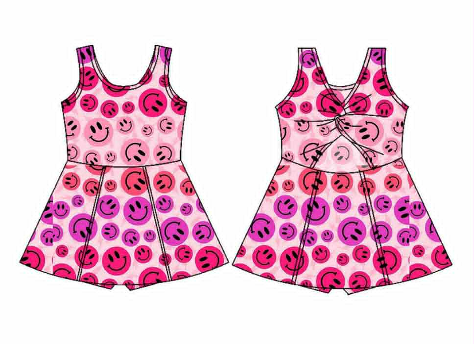 Preorder moq 5 Baby Girls Sleeveless Hot Pink Smiles Yoga Short Knee Length Dresses