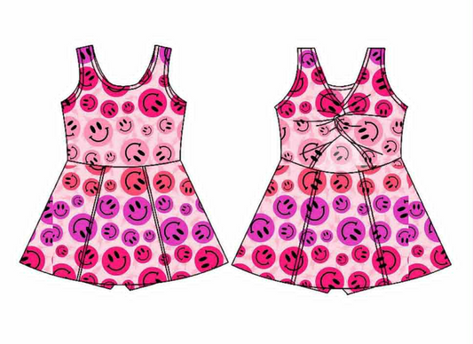 Preorder moq 5 Baby Girls Sleeveless Hot Pink Smiles Yoga Short Knee Length Dresses
