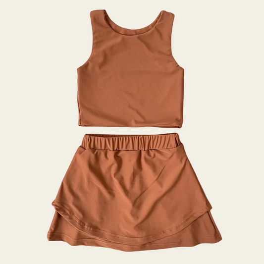 Baby Girls Sleeveless Brown Vest Top Short Skirts Yoga Set Preorder