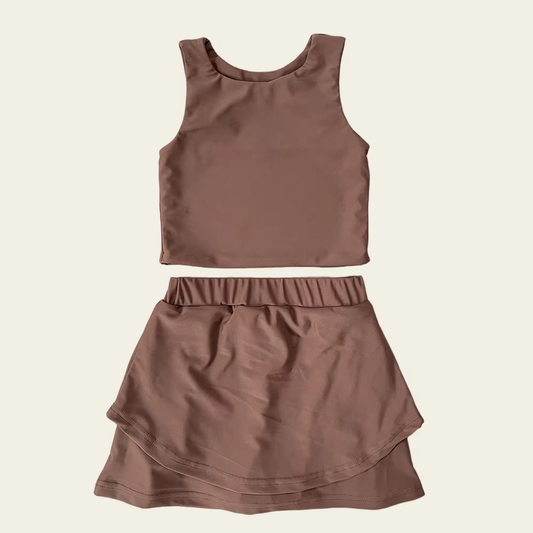 Baby Girls Sleeveless Dark Brown Vest Top Short Skirts Yoga Set Preorder