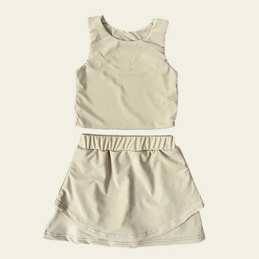 Baby Girls Sleeveless Light Gray Vest Top Short Skirts Yoga Set Preorder