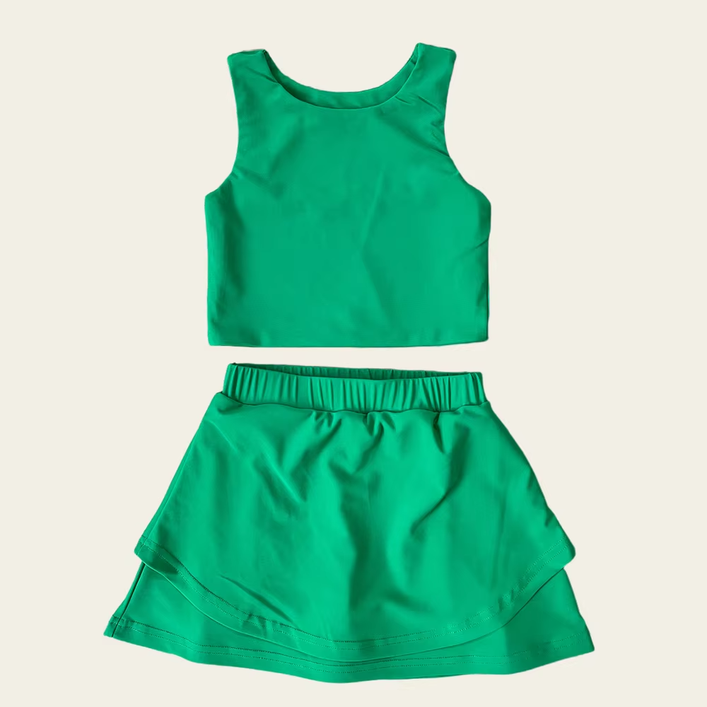 Preorder moq 5 Baby Girls Sleeveless Dark Green Vest Top Short Skirts Set