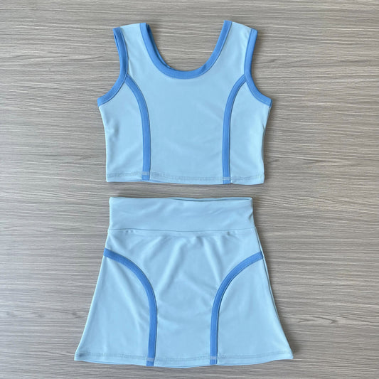 Preorder moq 5 Baby Girls Sleeveless Sky Blue Vest Top Skirts Set
