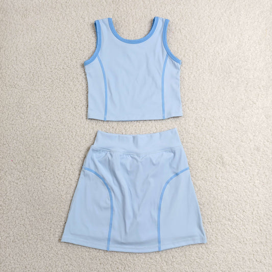 Baby Girls Blue Sleeveless Vest Top Skirt Short Yoga Active Clothes Set