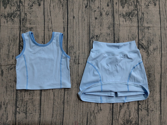Preorder moq 5 Baby Girls Sleeveless Sky Blue Vest Top Skirts Set