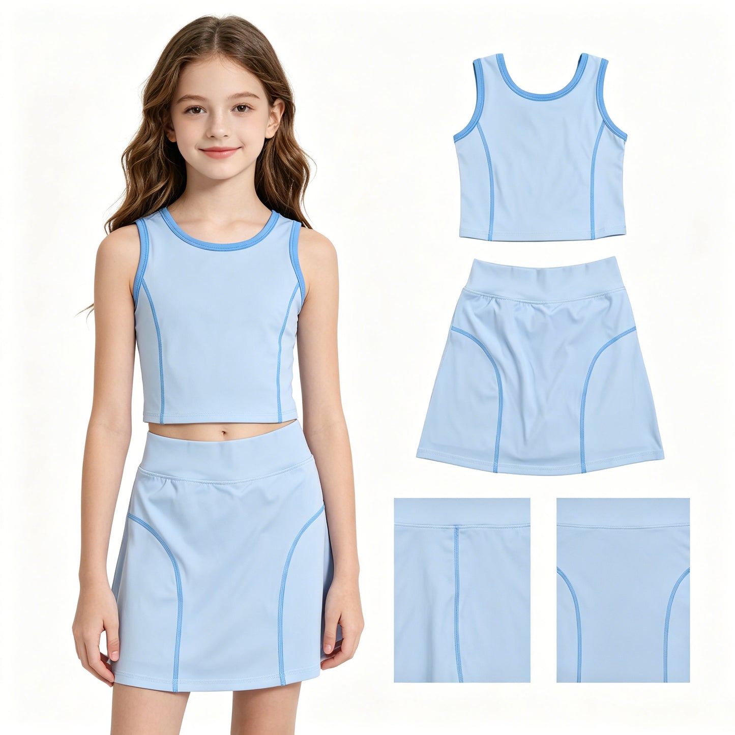 Baby Girls Blue Sleeveless Vest Top Skirt Short Yoga Active Clothes Set