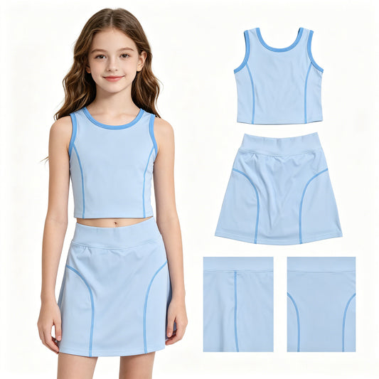 Baby Girls Blue Sleeveless Vest Top Skirt Short Yoga Active Clothes Set
