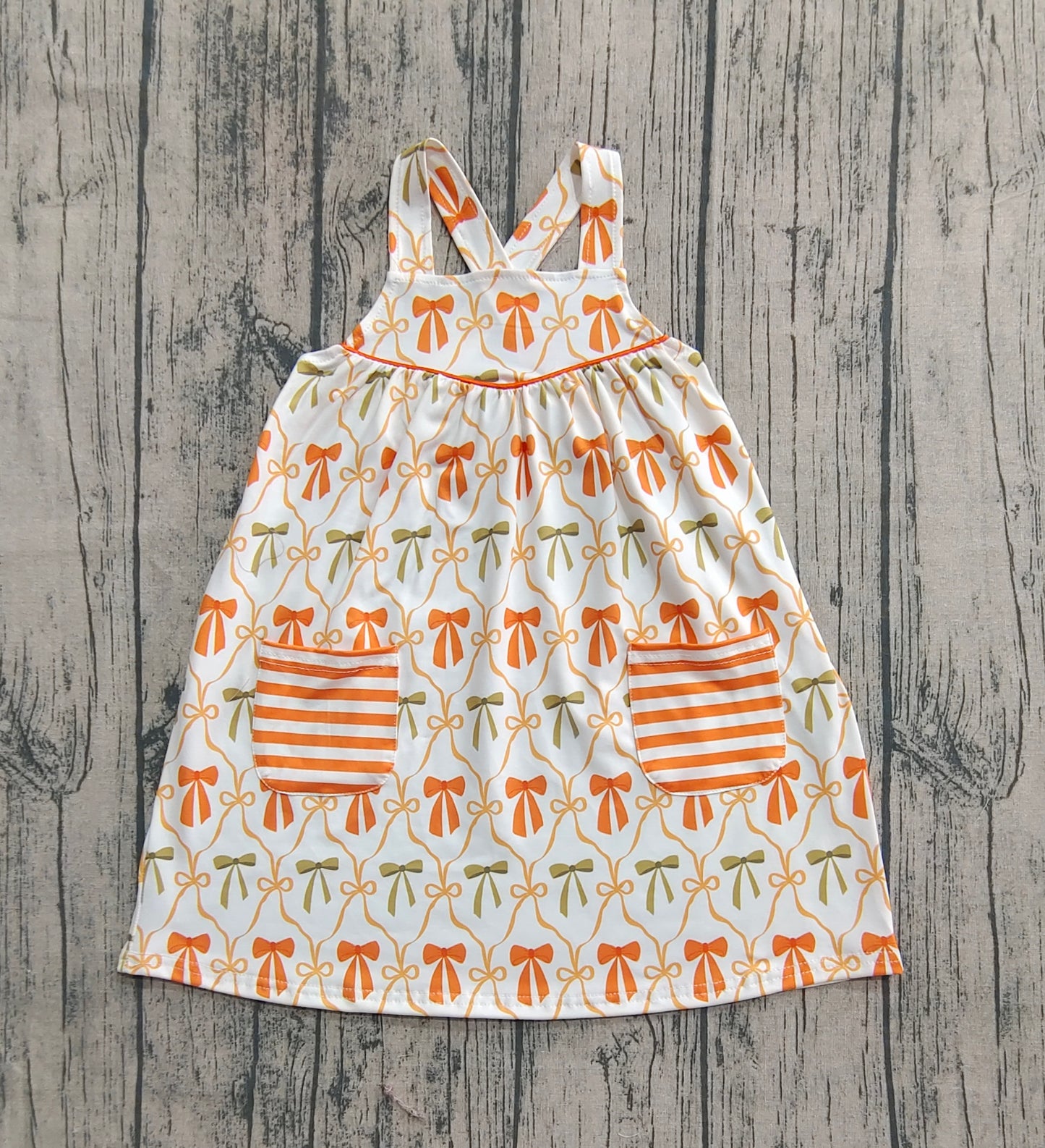 Baby Girls Straps Orange Bows Pockets Knee Length Dresses
