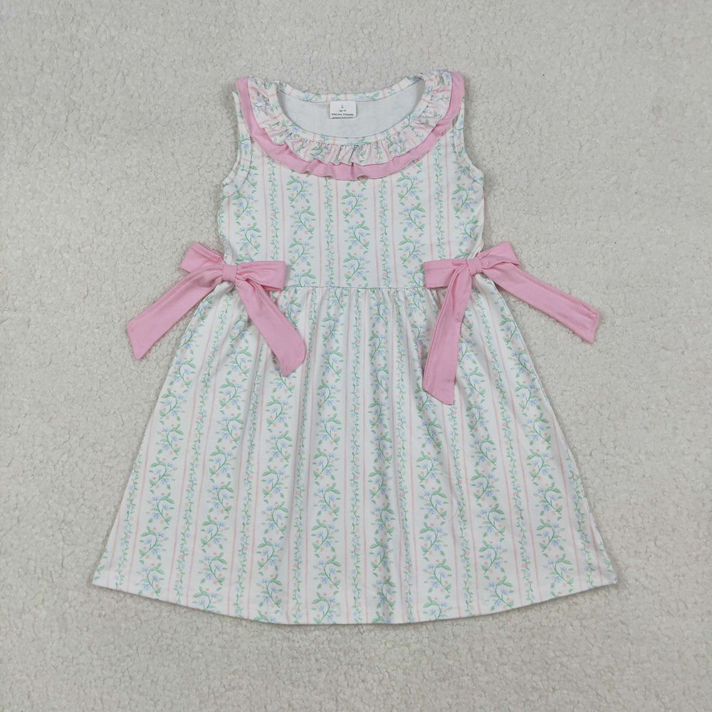 Baby Girls Pink Floral Stripe Bows Knee Length Dresses