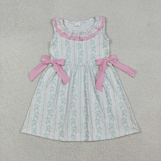 Baby Girls Pink Floral Stripe Bows Knee Length Dresses