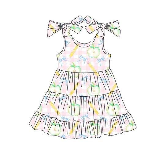 Baby Girls Bows Strap Apple Bows Pencil Plaid Ruffle Knee Length Dresses Preorder