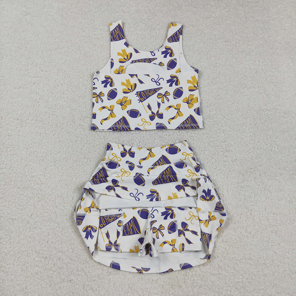 Baby Girls Purple Footballs Bows Plaid Vest Top Skorts Team Yoga Active Set