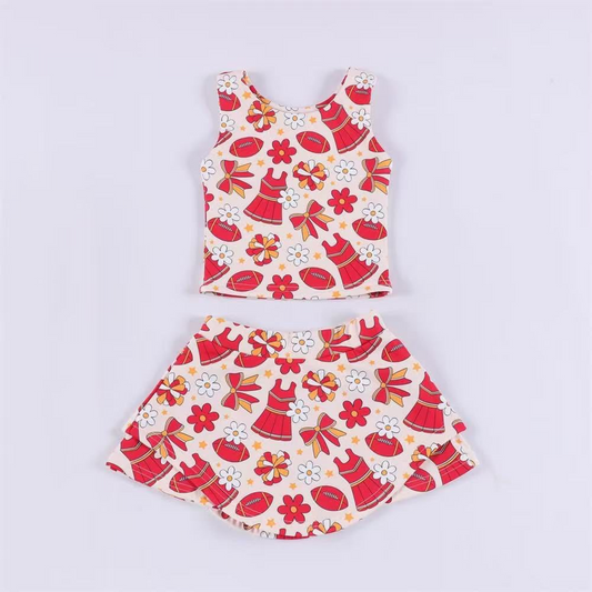 GSD2763Baby Girls Team Red Footballs Vest Top Short Skirts Yoga Set Preorder