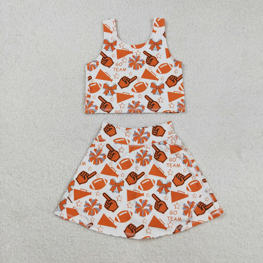 Sibling Baby Girls Orange Go Team Footballs Bows Yoga Skorts Set Shorts Pajamas Set