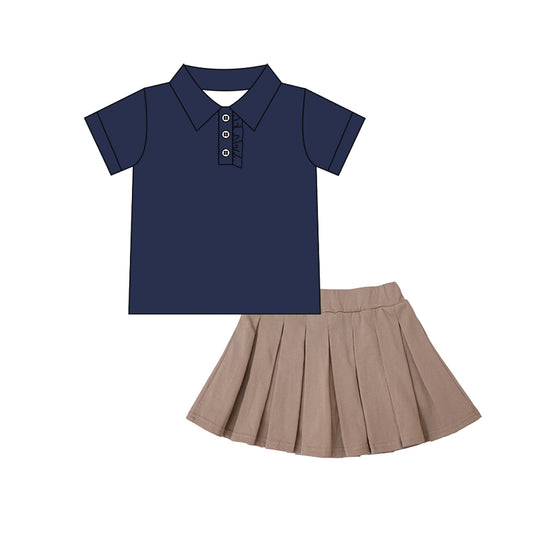 Baby Girls Cotton Navy Short Sleeves Button Top Khaki Skirts Set Preorder
