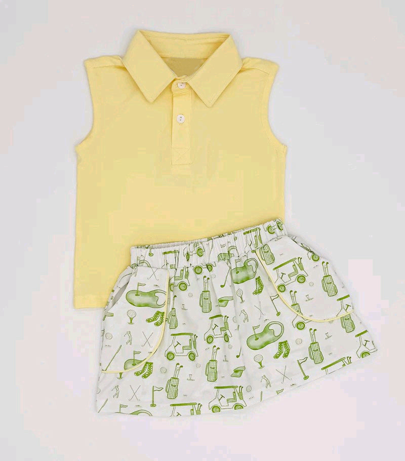 Baby Girls Yellow Sleeveless Button Vest Top Golf Pockets Skirt Set Preorder