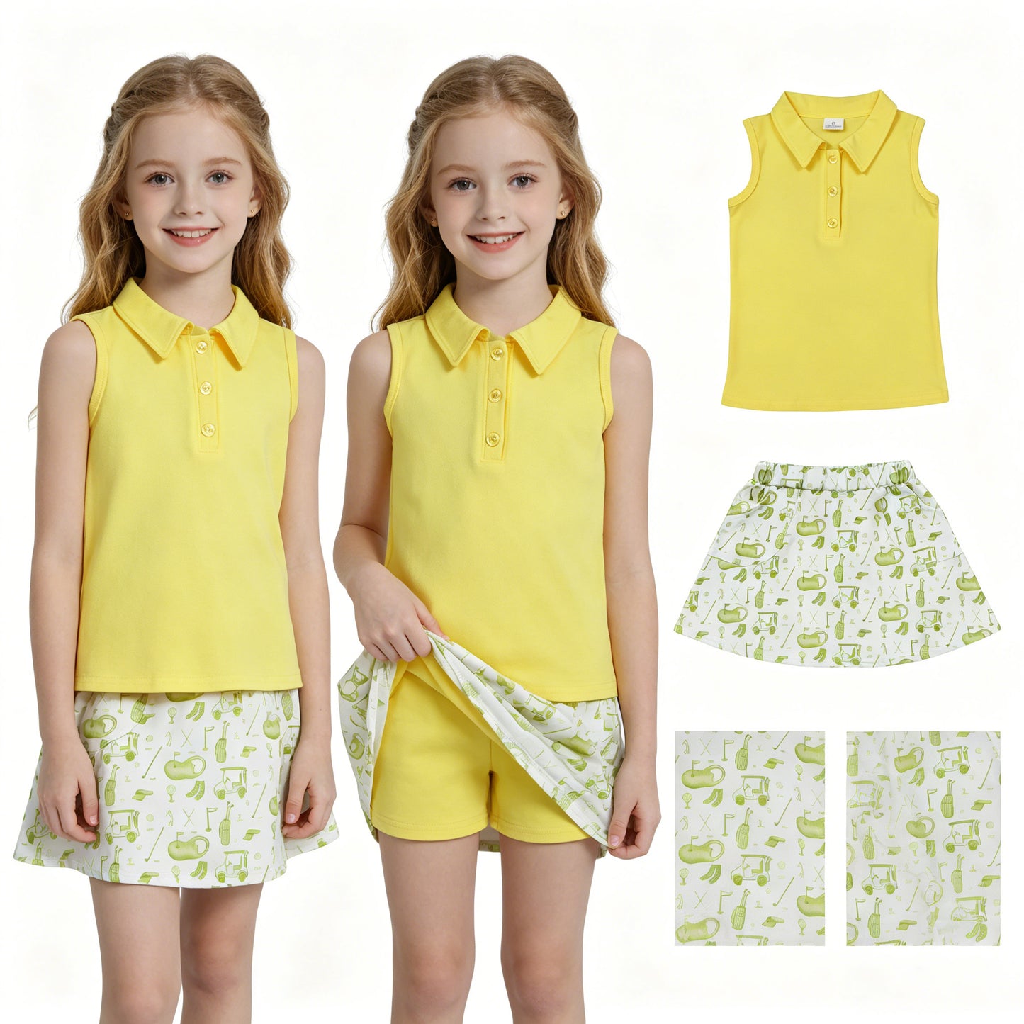 Baby Girls Yellow Button Vest Top Golf Pockets Skirt Short Clothes Set