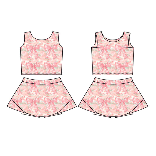 Baby Girls Sleeveless Peach Camo Bows Vest Top Skorts Yoga Active Set Preorder