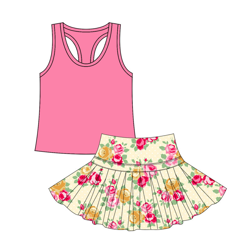 Preorder moq 5 Baby Girls Pink Sleeveless Vests Top Flowers Skorts Set