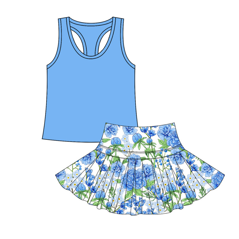 Preorder moq 5 Baby Girls Blue Sleeveless Vests Top Flowers Skorts Set