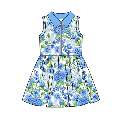 Baby Girls Sleeveless Blue Floral Zipper Yoga Short Knee Length Dresses Preorder