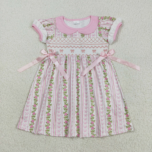 Smocked Embroidery Bows Baby Girls Flowers Stripe Knee Length Dresses