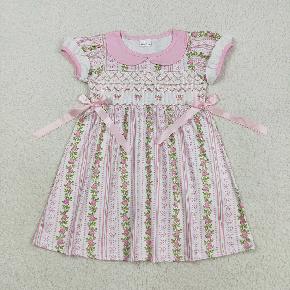 Smocked Embroidery Bows Baby Girls Flowers Stripe Knee Length Dresses Ruffle Rompers