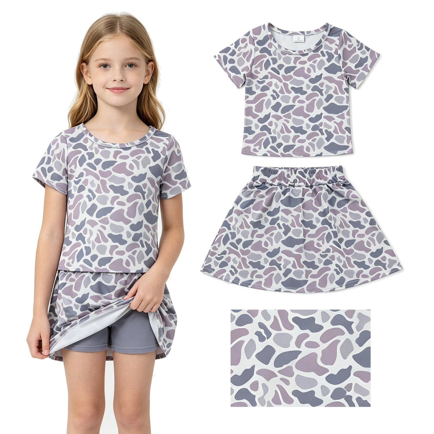 Baby Girls Short Sleeves Gray Camo Top Skirts Shorts Clothes Set