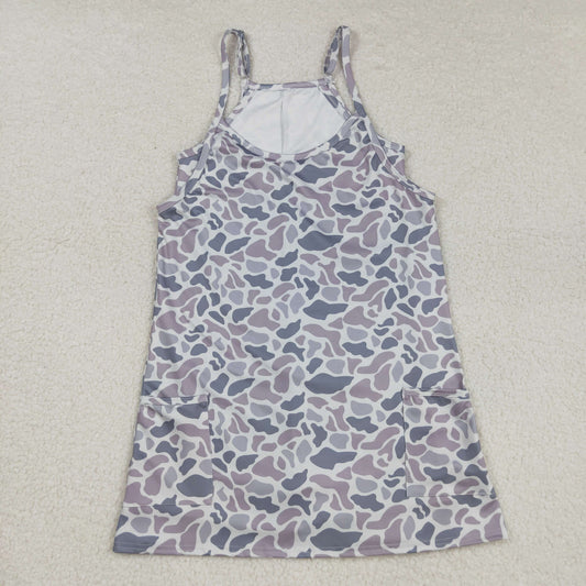 USA Shop Adult Women Light Grey Camo Yoga Active Strap Pockets Knee Length Dresses