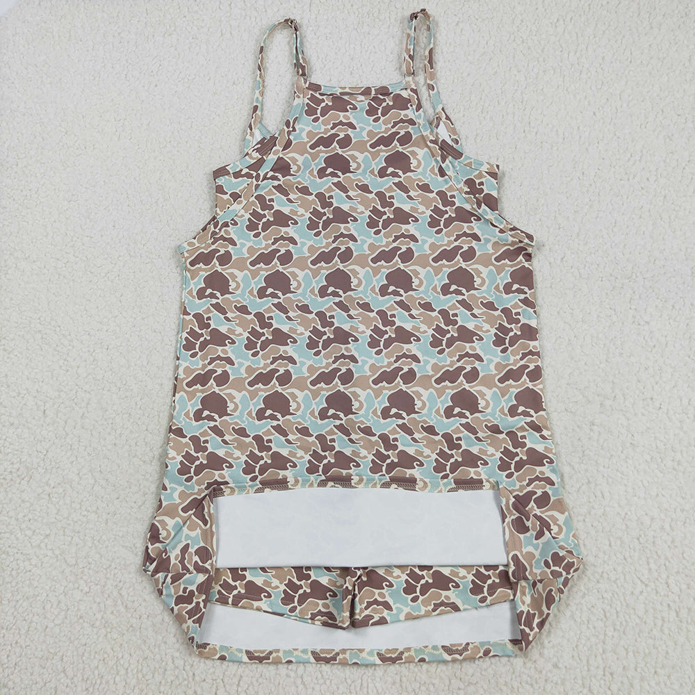 Adult Women Western Khaki Camo Strap Pockets Yoga Activity Shorts Dresses