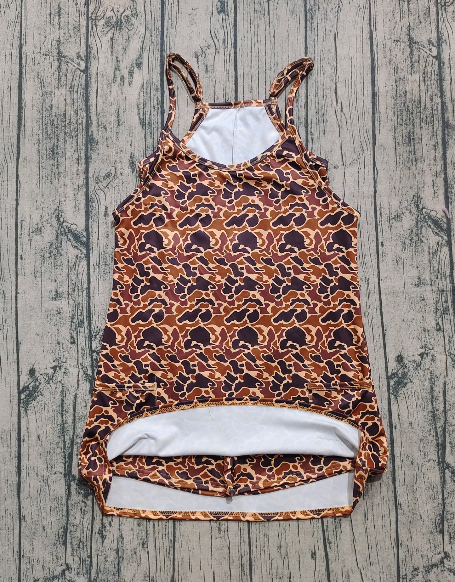 Adult Women Strap Brown Camo Pockets Yoga Active Shorts Dresses